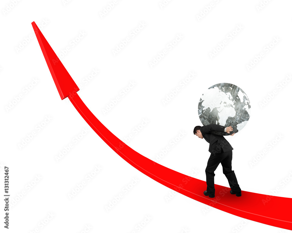 Man carrying globe upward on red trend line Man carrying globe upward on red trend line