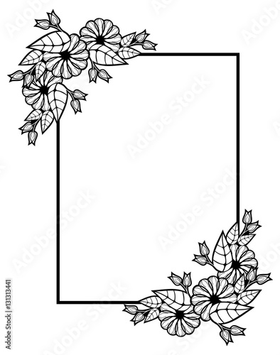 Fototapeta Naklejka Na Ścianę i Meble -  Vertical black and white frame with abstract decorative flowers. Copy space. 