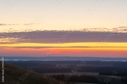 birch forest landscape view from the mountain at sunset (sunrise