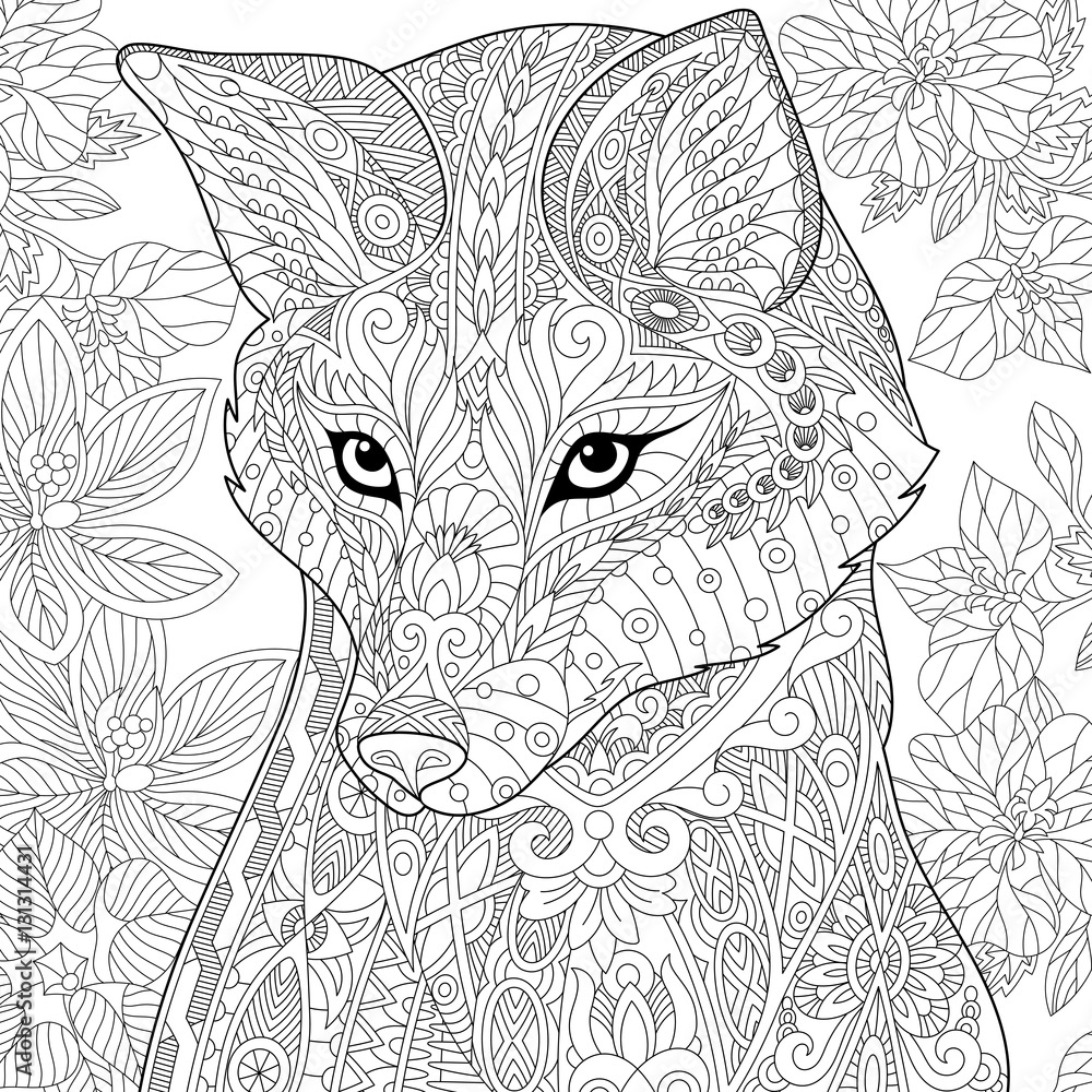 Obraz premium Stylizowane kreskówka dzikich lisów zwierząt i kwiatów hibiskusa. Szkic odręczny dla dorosłych kolorowanki antystresowe z elementami doodle i zentangle.
