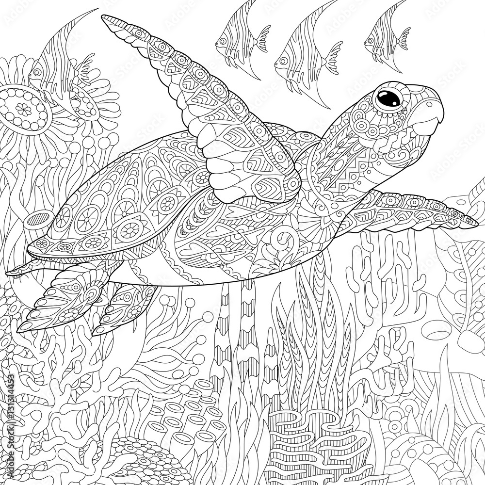 Naklejka premium Stylizowana kreskówka podwodna kompozycja żółwia (żółwia) i ryb tropikalnych. Szkic odręczny dla dorosłych kolorowanki antystresowe z elementami doodle i zentangle.