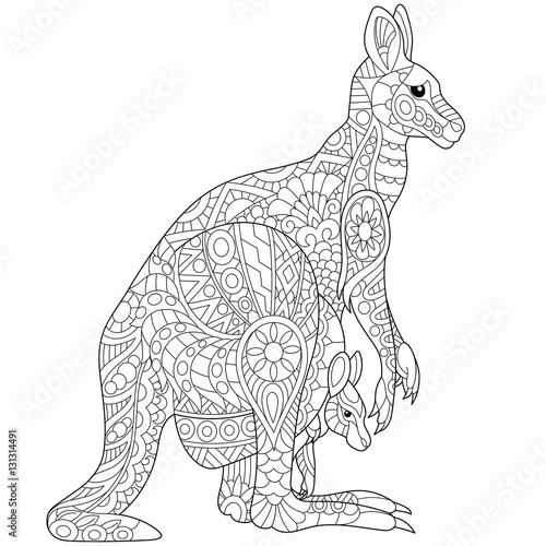 Stylized australian kangaroo family - mother and her young cub. Freehand sketch for adult anti stress coloring book page with doodle and zentangle elements.