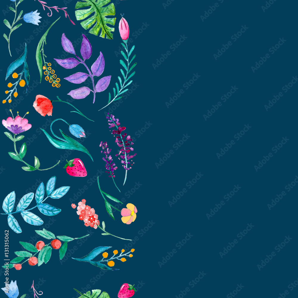 Fototapeta premium Watercolor pattern with flowers, tropical plants and leaves