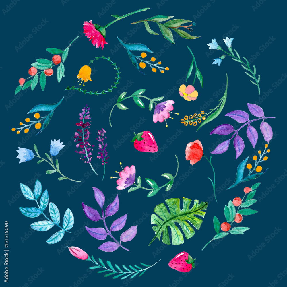 Watercolor pattern with flowers, tropical plants and leaves