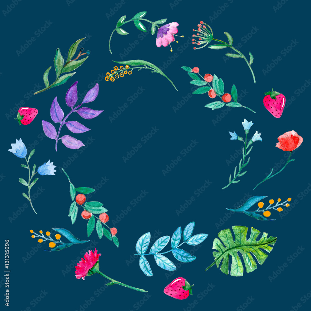 Watercolor pattern with flowers, tropical plants and leaves