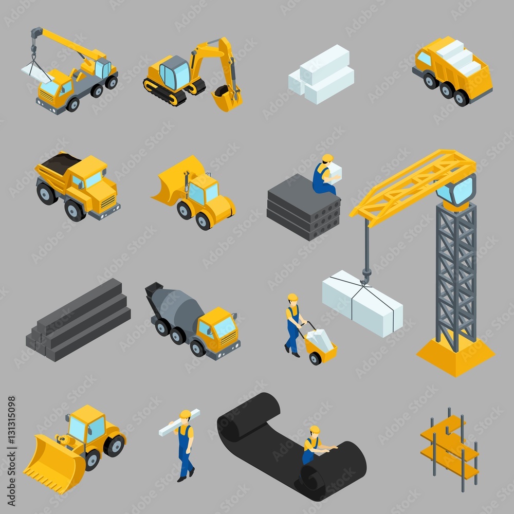 Set Isometric icons for construction workers, crane, machinery, power, transportation, clothing, buses on a gray background Set Isometric icons for construction workers, crane, machinery, power, transportation, clothing, buses on a gray background