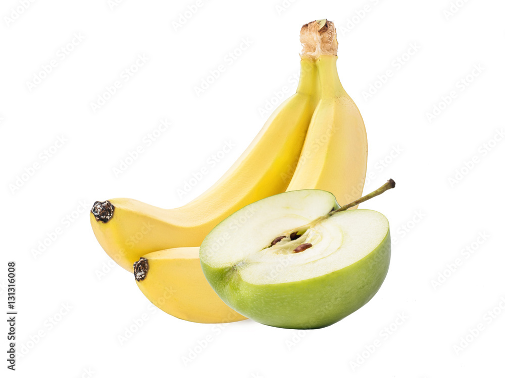 Bananas with green apple isolated on white background Bananas with green apple isolated on white background