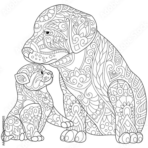 Fototapeta Naklejka Na Ścianę i Meble -  Stylized cute friends cat (young kitten) and labrador dog (puppy). Freehand sketch for adult anti stress coloring book page with doodle and zentangle elements.