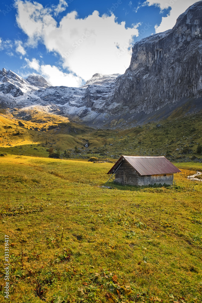 Wooden hut in alpine mountain landscape