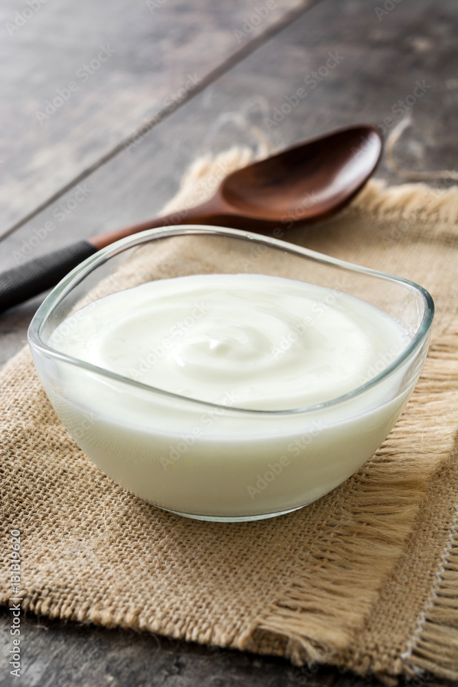 Greek yogurt on wooden table
Greek yogurt on wooden table