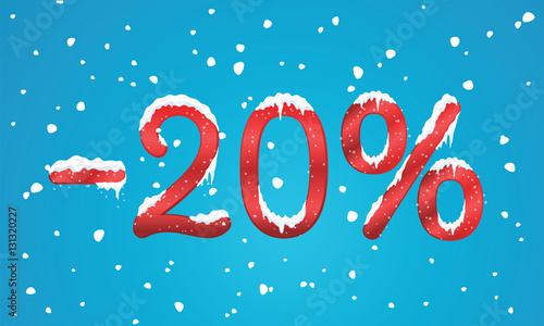 20 percents discount numbers with snow and icicles. Snowing reta