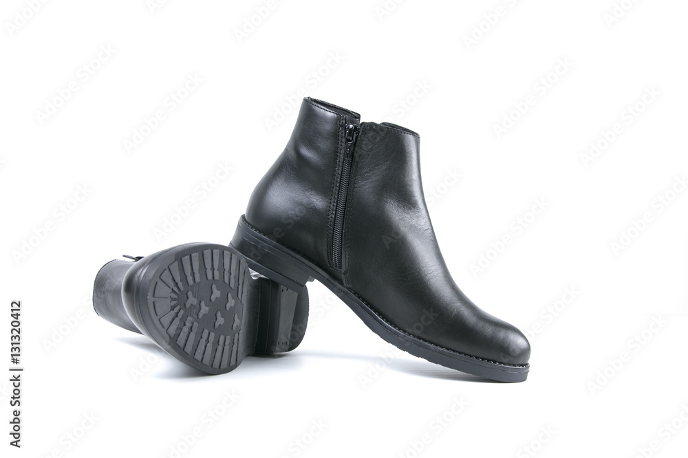 male boots black leather on white background, isolated product, top view male boots black leather on white background, isolated product, top view