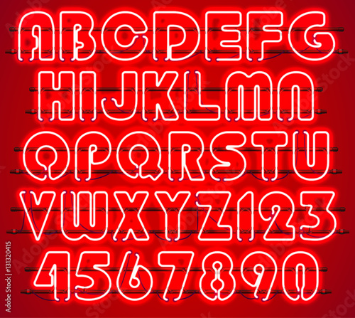 Glowing Red Neon Alphabet with letters from A to Z and digits from 0 to 9 with wires, tubes, brackets and holders. Shining and glowing neon effect. Every letter or digit is separate unit .