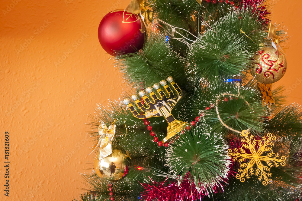 Jewish menorah on a Christmas (New Year) tree. In December 2016 Jewish