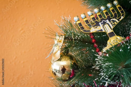 Картината върху платно Jewish menorah on a Christmas (New Year) tree