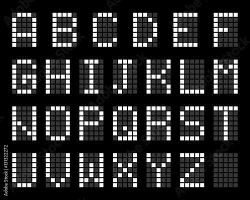 Digital terminal table led font, with grid, white isolated on black background, vector illustration.