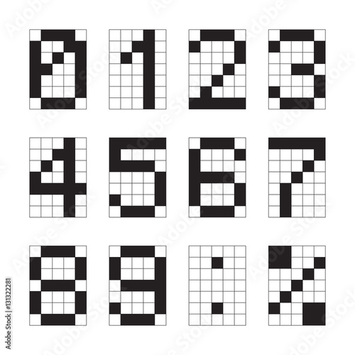 Calculator digital numbers, terminal table led font, with grid, black isolated on white background, vector illustration.