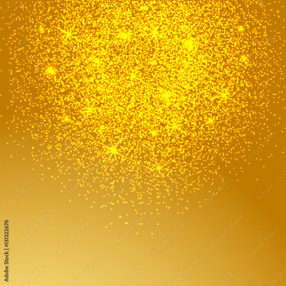 Gold glitter sparkles background. Vector golden dust texture. Twinkling confetti, shimmering star lights. 