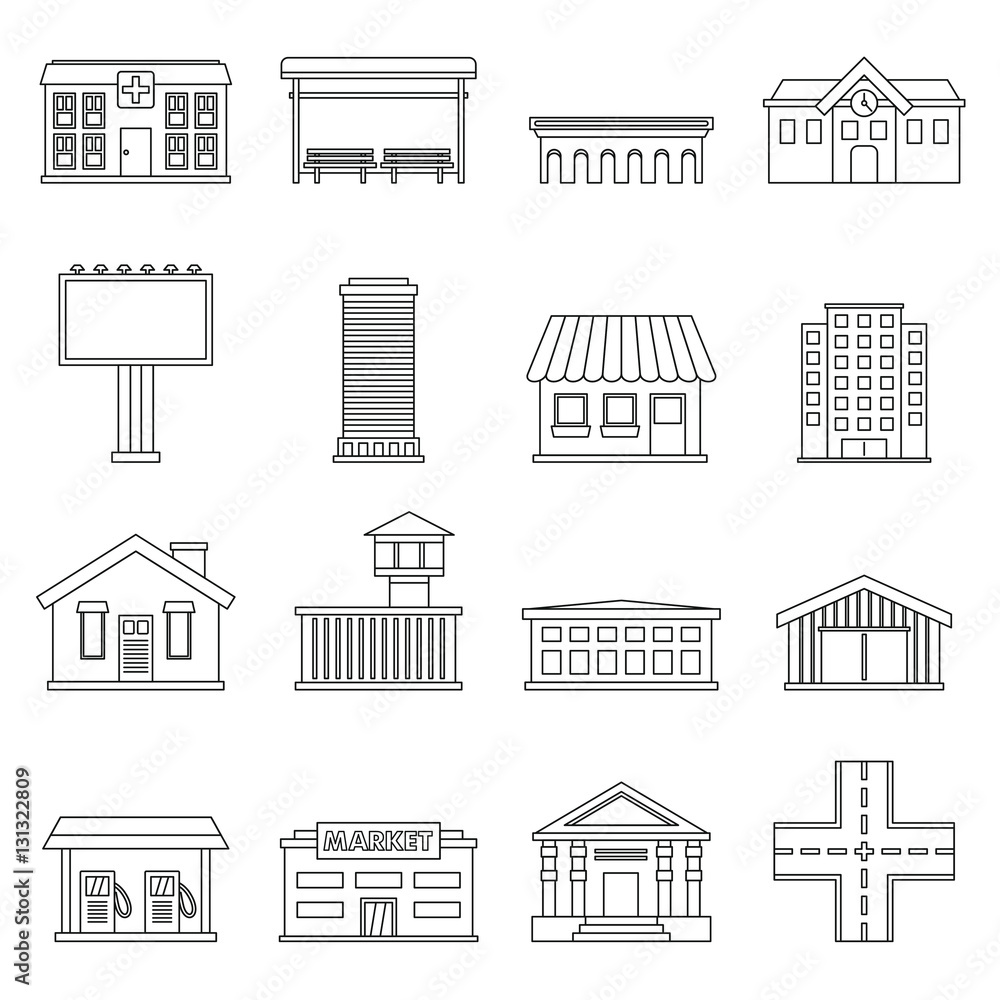 City infrastructure items icons set. Outline illustration of 16 city infrastructure items vector icons for web