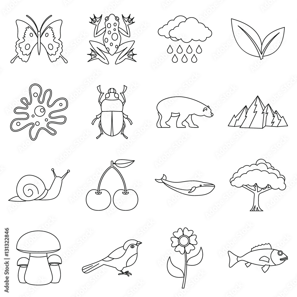 Nature items icons set. Outline illustration of 16 nature items vector icons for web