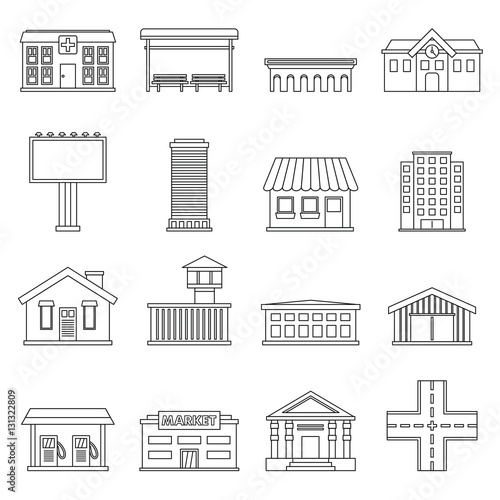 City infrastructure items icons set. Outline illustration of 16 city infrastructure items vector icons for web