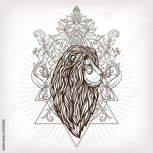 Fototapeta Naklejka Na Ścianę i Meble -  Vector ornamental Lion head with sacred geometry. Hand drawn ill