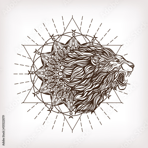 Fototapeta Naklejka Na Ścianę i Meble -  Vector ornamental Lion head with sacred geometry. Hand drawn ill