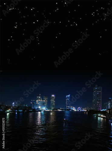 Photography Bangkok night riverside with starry sky