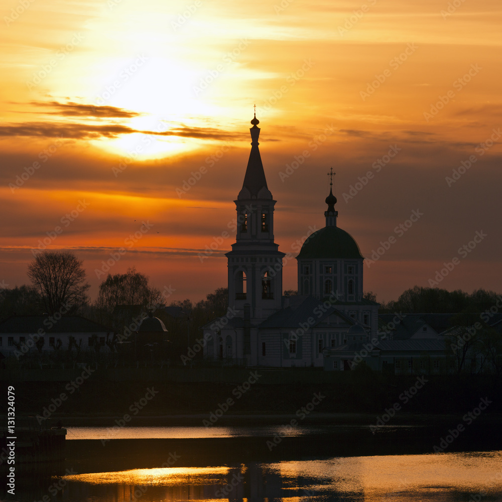 Church in the sunrise. Russia, the city of Tver.
