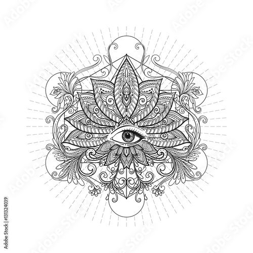 Vector ornamental Lotus flower, sacred geometry, eye. Hand drawn
