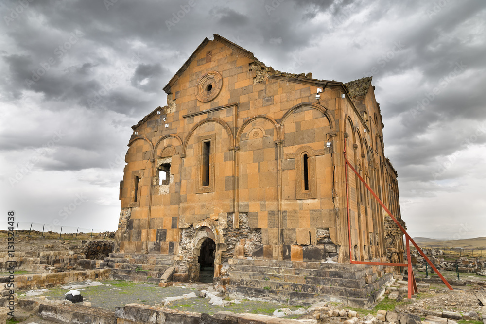 Exterior view of Cathedral of Ani, Armenian Cathedral in Ani.