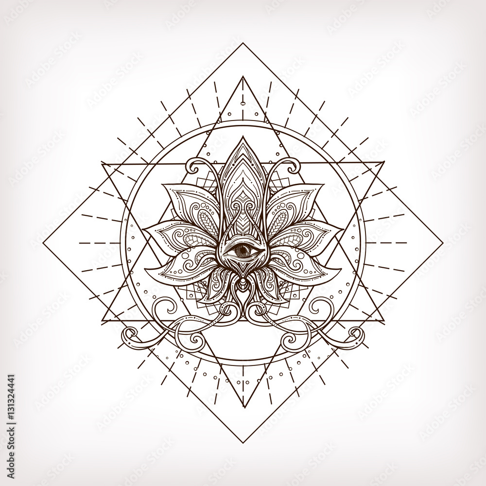 Vector ornamental Lotus flower, sacred geometry, eye. Hand drawn Stock
