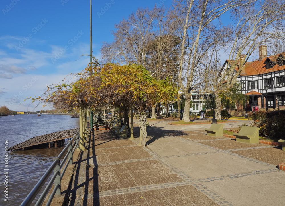 Argentina, Buenos Aires Province, Tigre, Promenade on the bank of the River Lujan Canal.