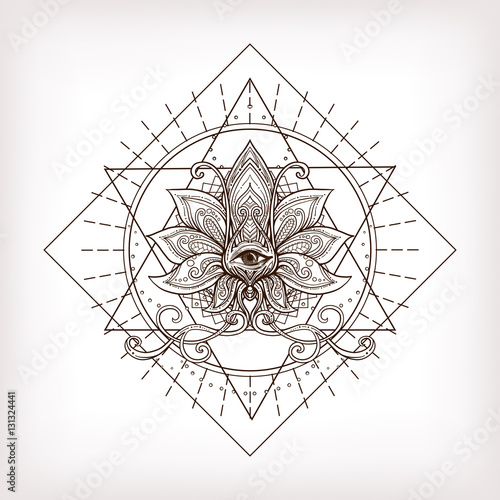 Vector ornamental Lotus flower, sacred geometry, eye. Hand drawn