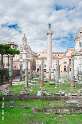 Forum - Roman ruins with column of Trajan in Rome, Italy
