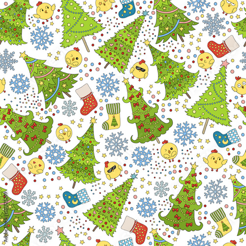 Pattern with Christmas tree, snowflake and chicken for winter holidays design. Template for postcards, greetings, advertisements, covers, gift packaging, web design