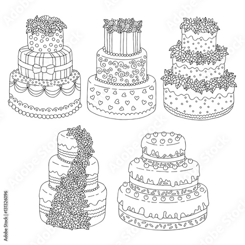 Hand drawn seamless pattern with triple birthday cakes. Vector illustration. Packing for a gift, template for greeting cards, banners, congratulations, advertising.
