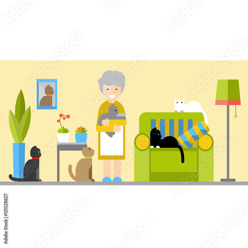 Funny grandma lives with five cats in the house. Vector flat illustration.