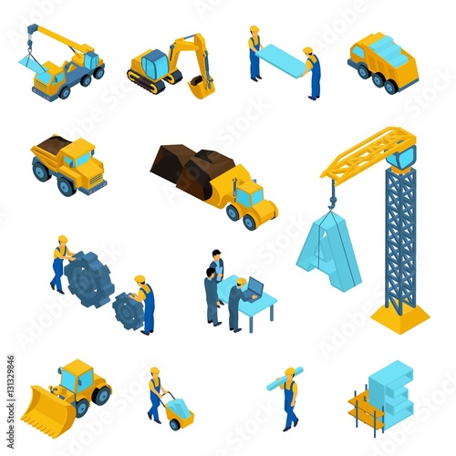 Set Isometric icons for construction workers, crane, machinery, power, transport, managers, laptop, clothes isolated on white background