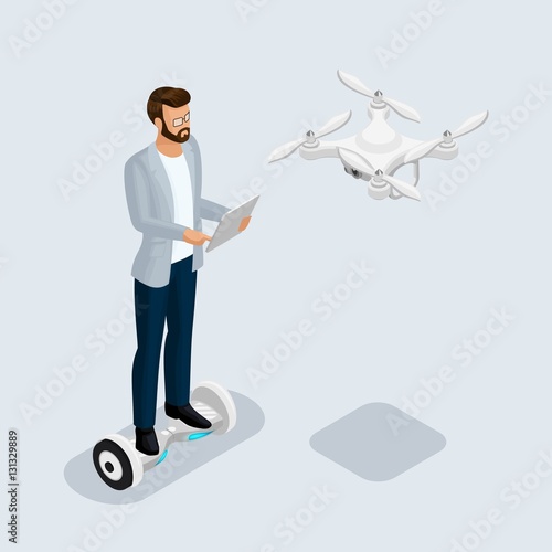 Isometric 3D people, drone quadrocopter, game sevremennaya, isometrics businessman. GyroScooter drive unit. On a light background. Vector illustration