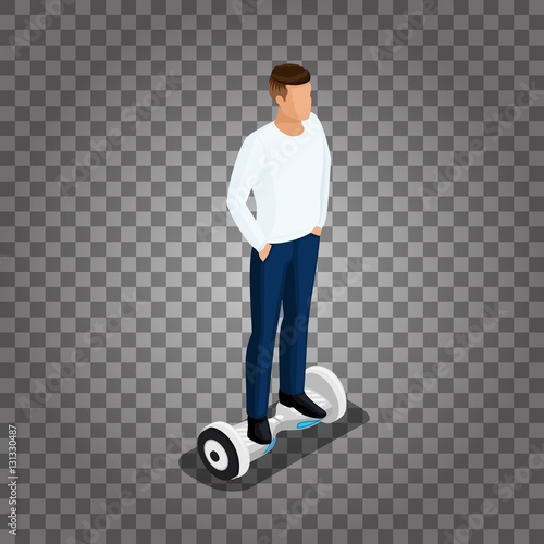 Isometric people, a man playing a game, 3D ride, ride control. GyroScooter on a transparent background. Vector illustration