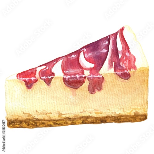 Hand drawn watercolor delicious cheesecake vector illustration with berry jam topping, isolated on white background. 