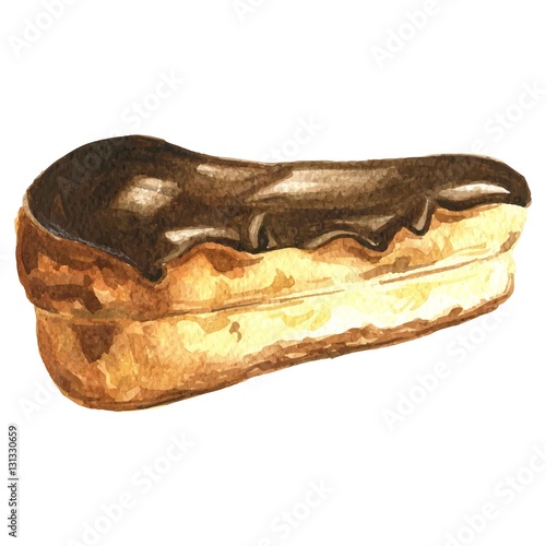 Hand drawn watercolor delicious eclair vector illustration, french pastry, isolated on white background.