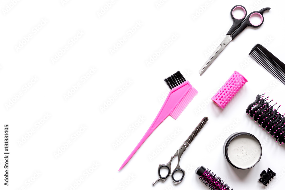 preparations for styling hair on white background top view preparations for styling hair on white background top view