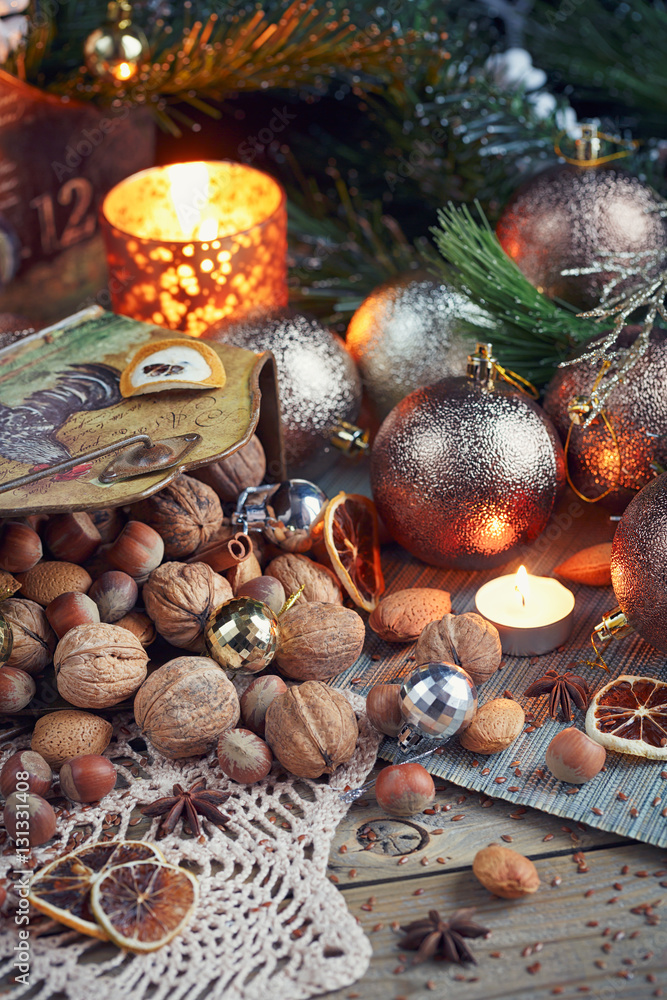Variety of nuts in Christmas and New Year decoration Variety of nuts in Christmas and New Year decoration