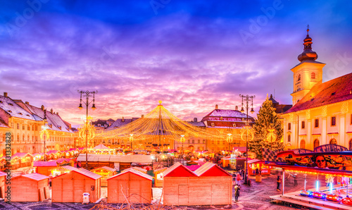 Panoramic view over Christmas Market in Sibiu, Transylvania, Romania