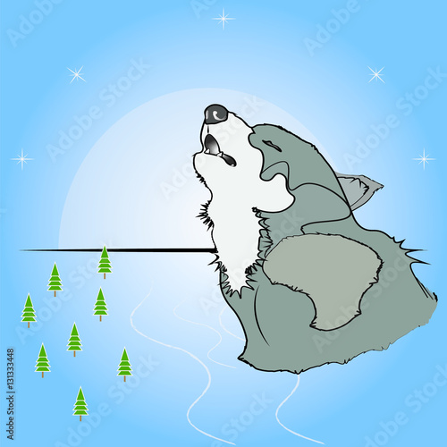 Волк воет на луну в тайге