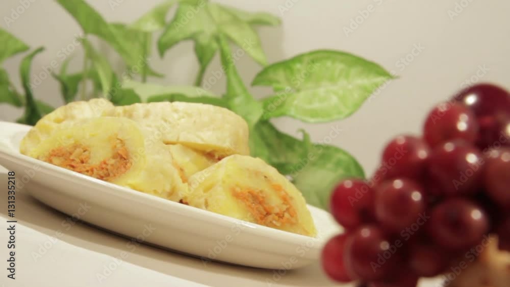 Potato rolls with filling of vegetables. Dietary vegetarian food. Potato rolls with filling of vegetables. Dietary vegetarian food.
