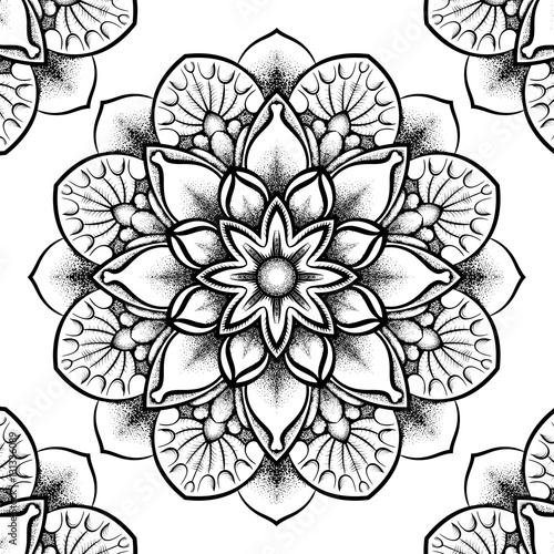 Vector illustration dotted round mandala in black isolated on white background. Round decorative ornament. Geometrical elements in trendy dotwork style for tattoo.