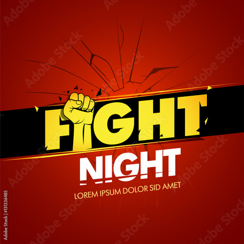 Fight nigh red version advertisement sport template. Modern professional fighting poster template logo design with fist. Isolated fight logotype vector illustration.